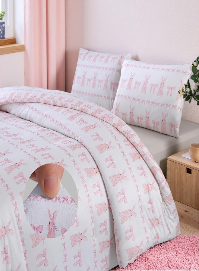 MAG طقم لحاف من الألياف الدقيقة بحجم توأم مع رباط قوس، لحاف صيفي بألوان الأرنب الوردي، طقم سرير ناعم ومبرد في حقيبة، مع 1*لحاف و 2*أغطية وسائد، هدية ديكور منزلي للفتيات والنساء. - Image 1