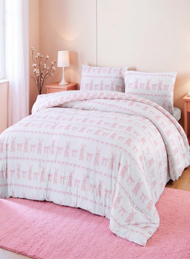 MAG طقم لحاف من الألياف الدقيقة بحجم توأم مع رباط قوس، لحاف صيفي بألوان الأرنب الوردي، طقم سرير ناعم ومبرد في حقيبة، مع 1*لحاف و 2*أغطية وسائد، هدية ديكور منزلي للفتيات والنساء. - Image 2