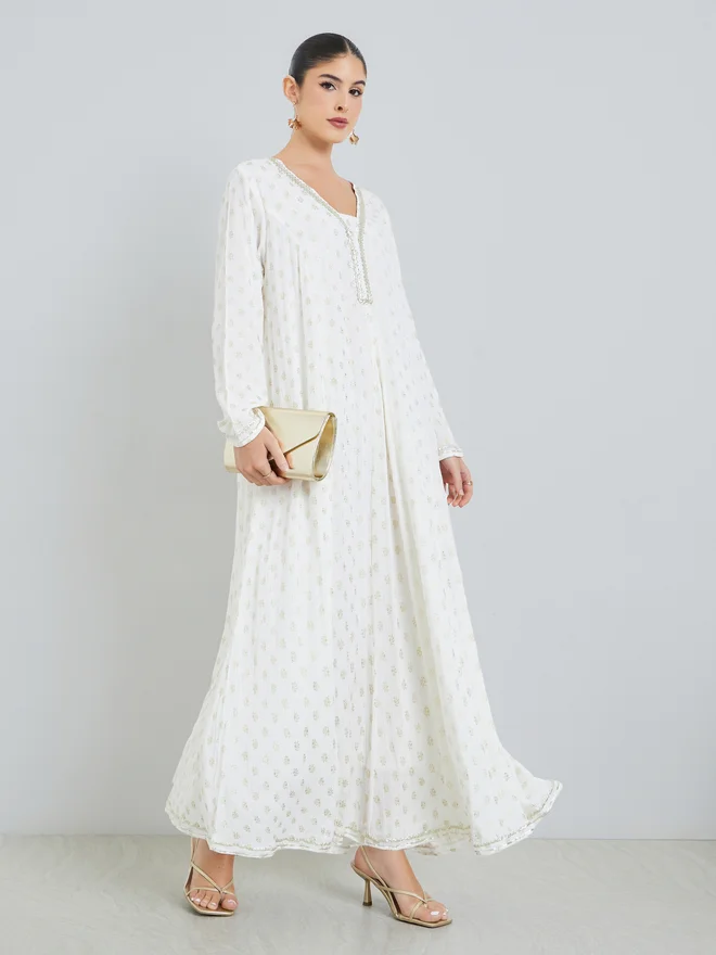 Styli Styli White Foil Print Long Sleeves Jalabiya