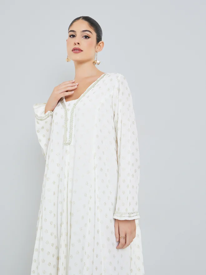 Styli Styli White Foil Print Long Sleeves Jalabiya