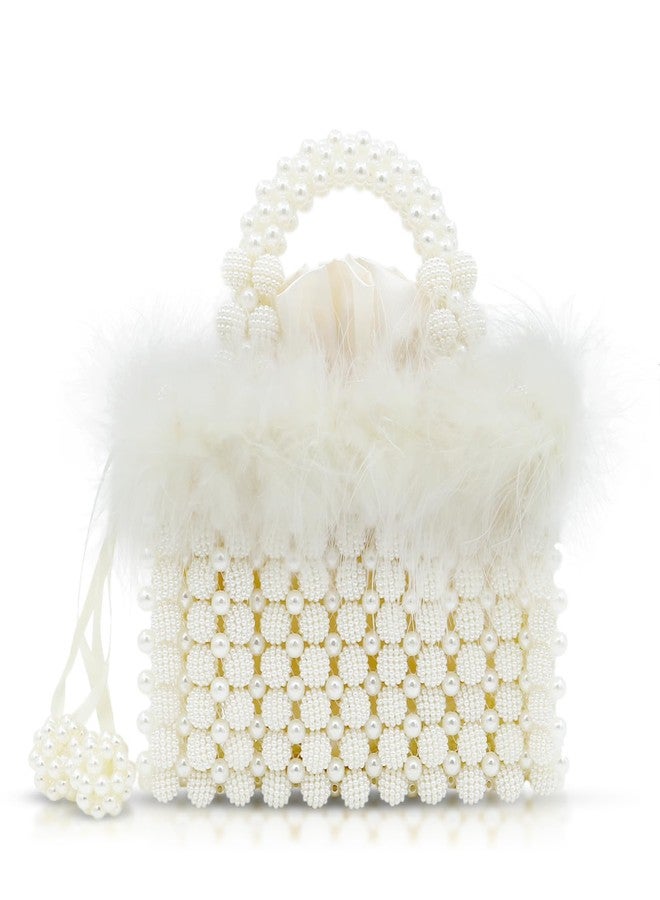 QTKJ Women Pearl Purse,Evening Bags, Artificial Pearl Clutch, Square Feather Handbags, White Purse for Party Wedding Travel - Image 1