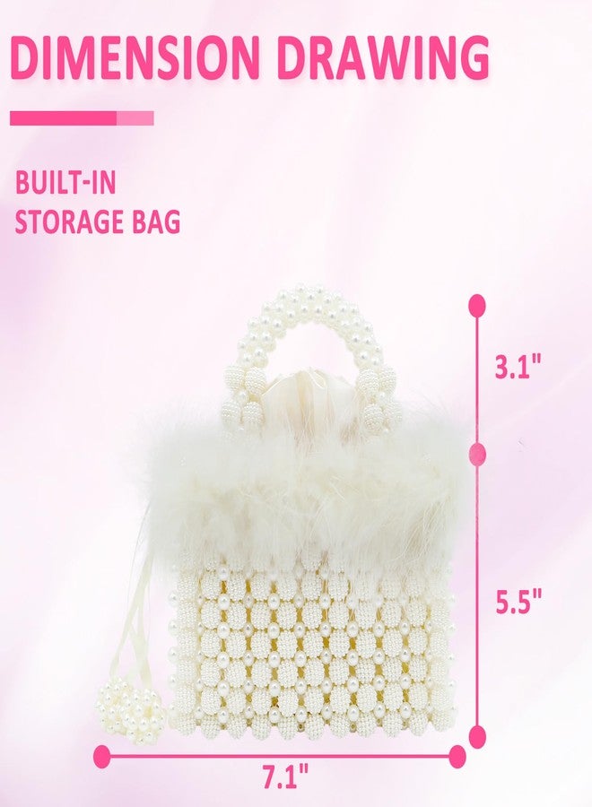 QTKJ Women Pearl Purse,Evening Bags, Artificial Pearl Clutch, Square Feather Handbags, White Purse for Party Wedding Travel - Image 2