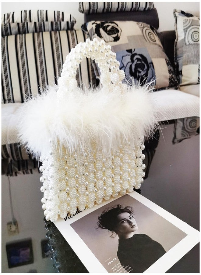 QTKJ Women Pearl Purse,Evening Bags, Artificial Pearl Clutch, Square Feather Handbags, White Purse for Party Wedding Travel - Image 3