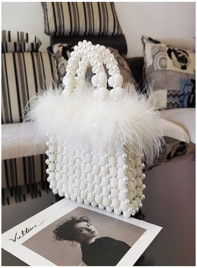 QTKJ Women Pearl Purse,Evening Bags, Artificial Pearl Clutch, Square Feather Handbags, White Purse for Party Wedding Travel - Image 4