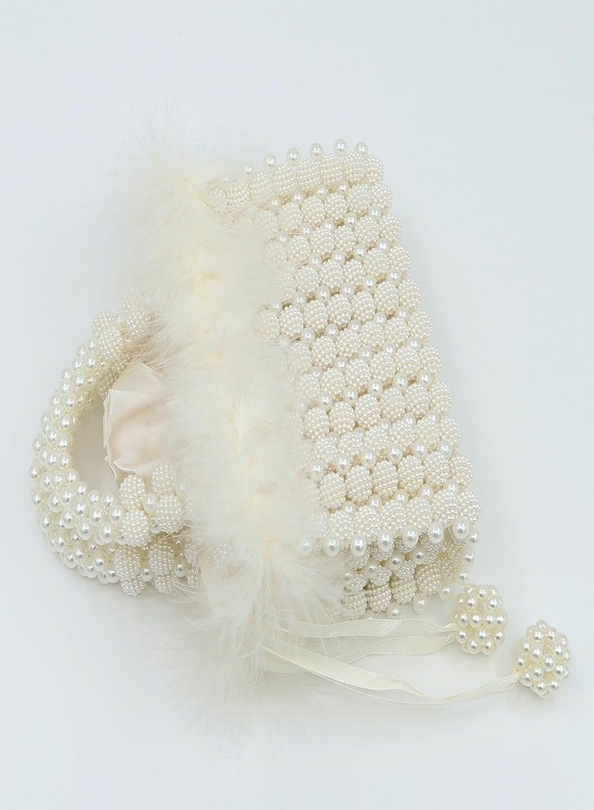 QTKJ Women Pearl Purse,Evening Bags, Artificial Pearl Clutch, Square Feather Handbags, White Purse for Party Wedding Travel - Image 5