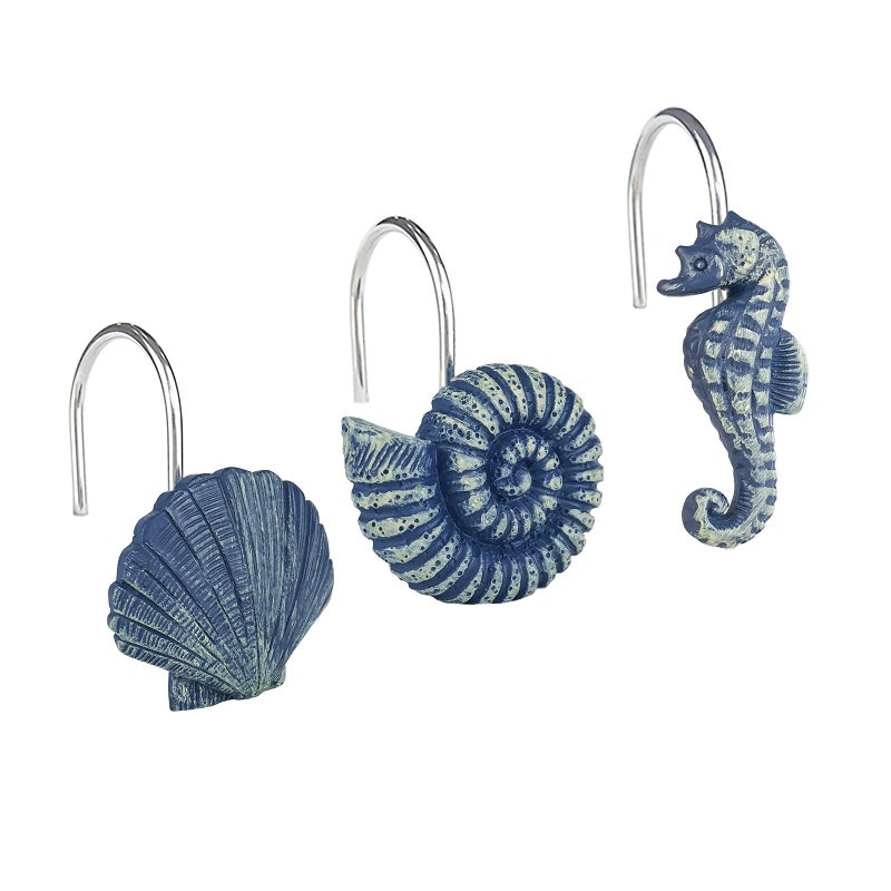 Sunlit Seashells Decorative Shower Curtain Hooks, Blue Ocean Creatures Coastal Shower Curtain Rings, Resin, Nautical Bathroom Decoration Beach Shower Curtain Hooks-12 Pack - Image 1