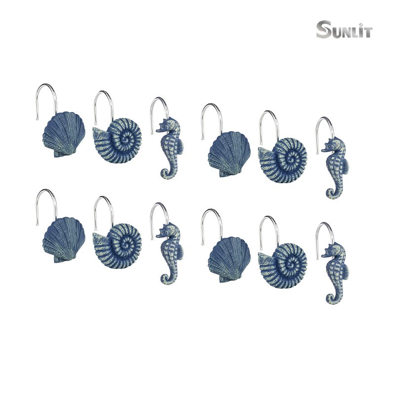 Sunlit Seashells Decorative Shower Curtain Hooks, Blue Ocean Creatures Coastal Shower Curtain Rings, Resin, Nautical Bathroom Decoration Beach Shower Curtain Hooks-12 Pack - Image 3