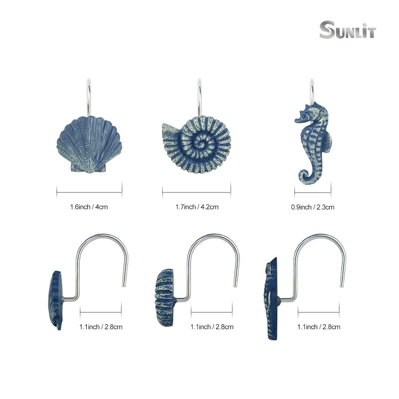Sunlit Seashells Decorative Shower Curtain Hooks, Blue Ocean Creatures Coastal Shower Curtain Rings, Resin, Nautical Bathroom Decoration Beach Shower Curtain Hooks-12 Pack - Image 2