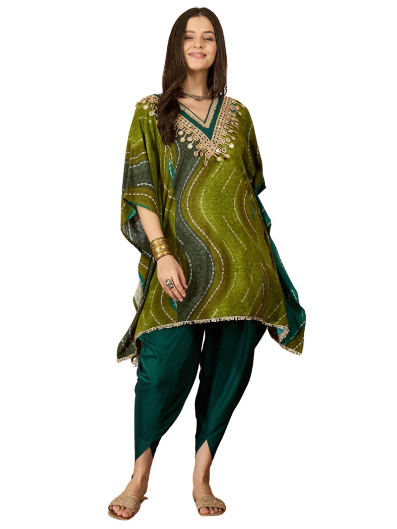EthnicJunction Women's Viscose Rayon Leheriya Print Kaftan Kurta with Dhoti Pant Set | Rakshabandhan Kurta Set | Kurta Dhoti Set for Women | Ethnic Set | Ethnic Co Ord Set for Women - Image 1