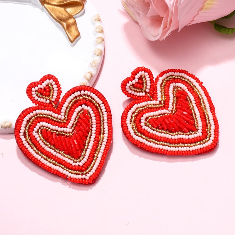 ARATLENCH Heart Earrings for Women Hypoallergenic Beaded Statement Dangle Earrings Boho Handmade Red Love Heart Bead Drop Dangling Earrings Valentineâ€™s Day Earrings Jewelry Gift (red heart 1) - Image 4