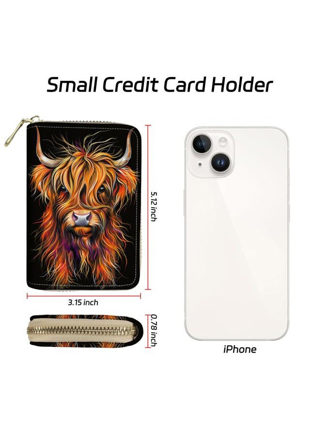 WZCJDHMJ Credit Card Holder Wallet，Small Leather Zipper Card Case Wallet for Women Man,RFID Blocking Wallet ID Card Credit Cards with 20 Card Slots-Art Highland Cow - Image 2