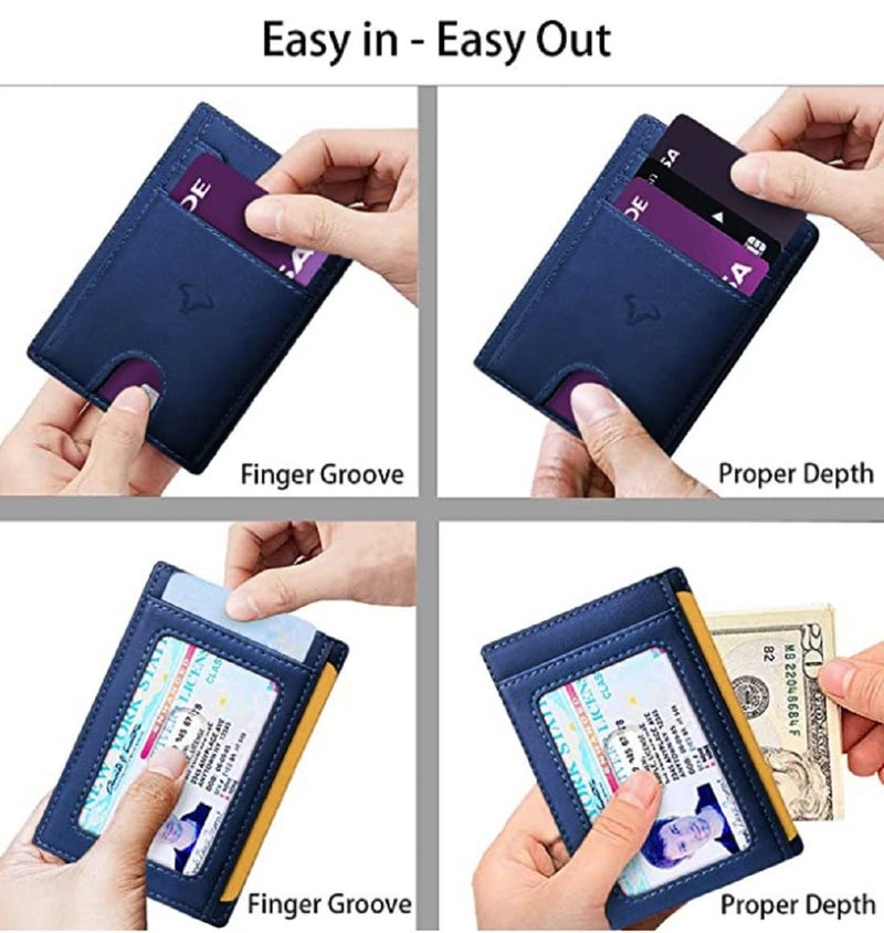 CONTACTS Genuine Leather Slim Wallet | RFID Blocking Skinny Minimal Thin Front Pocket Wallet Sleeve Card Holder for Men | Up to 7 Card Slots Including 1 ID Window (Blue) - Image 2