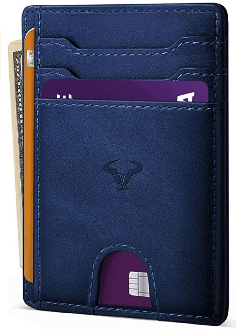 CONTACTS Genuine Leather Slim Wallet | RFID Blocking Skinny Minimal Thin Front Pocket Wallet Sleeve Card Holder for Men | Up to 7 Card Slots Including 1 ID Window (Blue) - Image 1