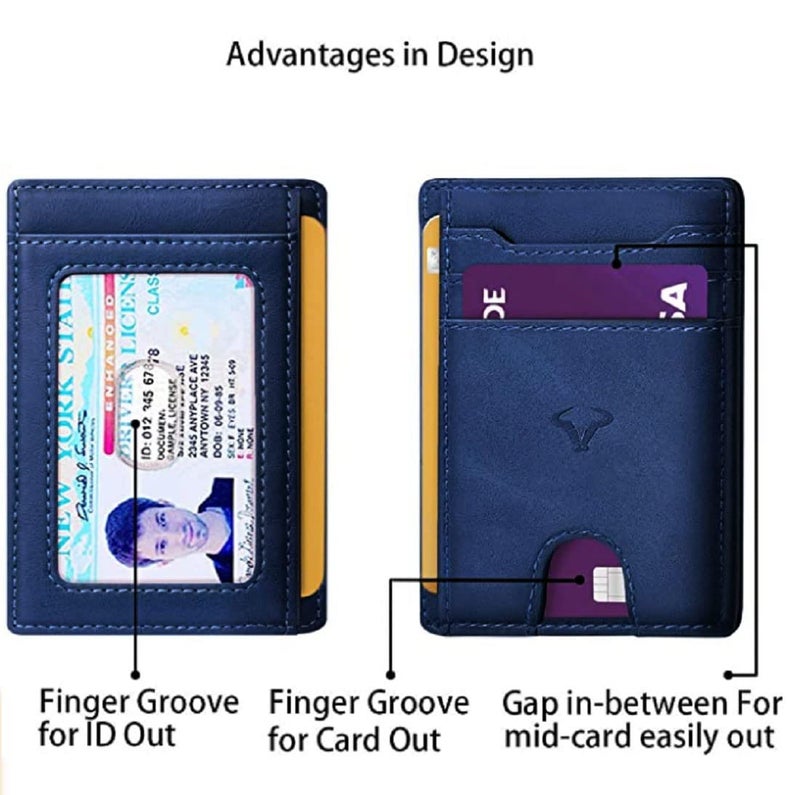 CONTACTS Genuine Leather Slim Wallet | RFID Blocking Skinny Minimal Thin Front Pocket Wallet Sleeve Card Holder for Men | Up to 7 Card Slots Including 1 ID Window (Blue) - Image 3