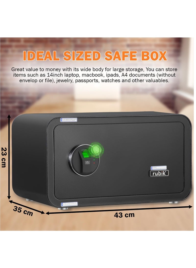 Rubik - Wide Safe Box with Fingerprint Lock, A4 Document Size Biometric Safety Deposit Box for Money Documents Home Office RB23QCF (23x43x35cm) (Black) - Image 1