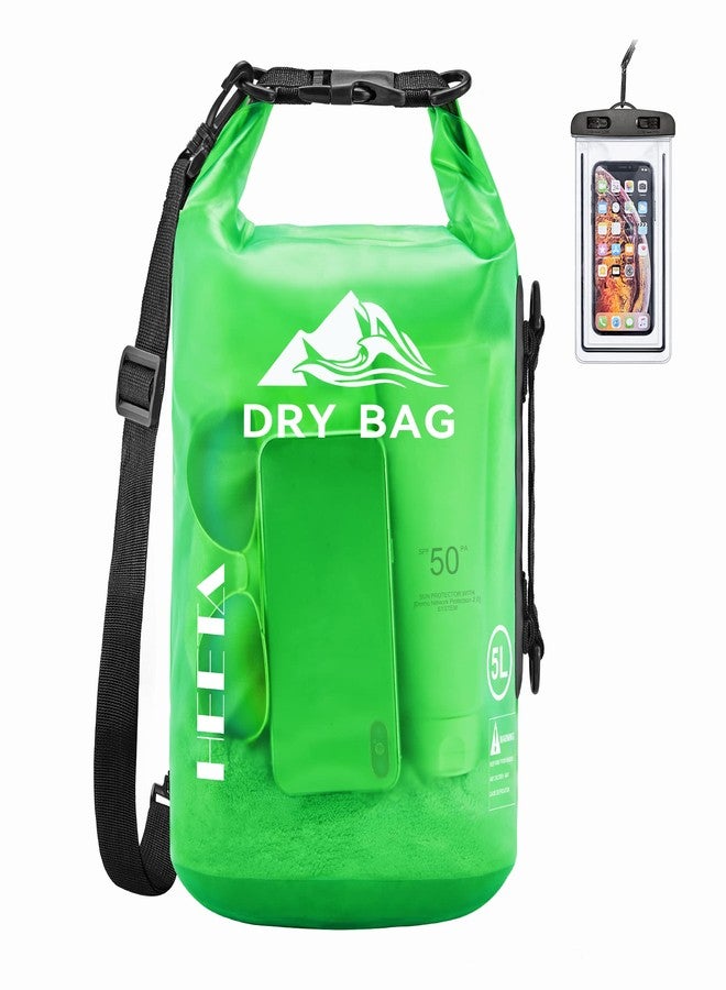HEETA Waterproof Dry Bag for Women Men, Roll Top Lightweight Dry Storage Bag Backpack with Phone Case for Travel, Swimming, Boating, Kayaking, Camping and Beach, Transparent Green 5L - Image 1