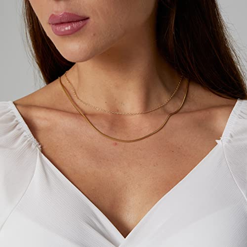 Tasiso 14K Gold Plated Herringbone Choker Necklace Set Double Layer Snake Chain Double Herringbone Chain Necklace Flat Snake Choker Necklace for Women 1.5MM 38CM/42CM - Image 5