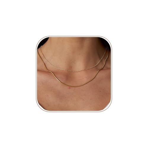 Tasiso 14K Gold Plated Herringbone Choker Necklace Set Double Layer Snake Chain Double Herringbone Chain Necklace Flat Snake Choker Necklace for Women 1.5MM 38CM/42CM - Image 1