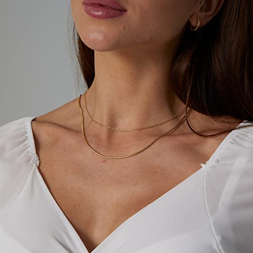 Tasiso 14K Gold Plated Herringbone Choker Necklace Set Double Layer Snake Chain Double Herringbone Chain Necklace Flat Snake Choker Necklace for Women 1.5MM 38CM/42CM - Image 3