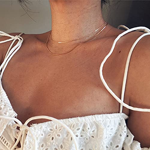 Tasiso 14K Gold Plated Herringbone Choker Necklace Set Double Layer Snake Chain Double Herringbone Chain Necklace Flat Snake Choker Necklace for Women 1.5MM 38CM/42CM - Image 4