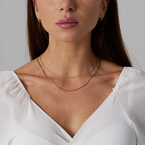 Tasiso 14K Gold Plated Herringbone Choker Necklace Set Double Layer Snake Chain Double Herringbone Chain Necklace Flat Snake Choker Necklace for Women 1.5MM 38CM/42CM - Image 2