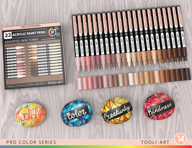 TOOLI-ART Acrylic Paint Pens 22 Skin Tones Assorted Pro Color Series Markers Set 0.7mm Extra Fine Tip for Rock Painting, Glass, Mugs, Wood, Metal, Canvas, Projects, Non Toxic, Waterbased, Quick Drying - Image 2