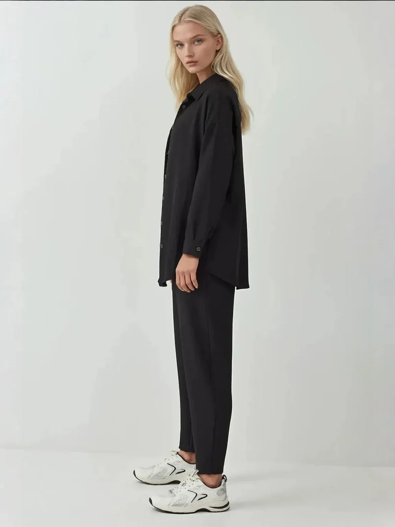 Big Dart Black BDART Linen Blend Long Sleeve Shirt and Pants Co-ord Set for Women | Best Price UAE