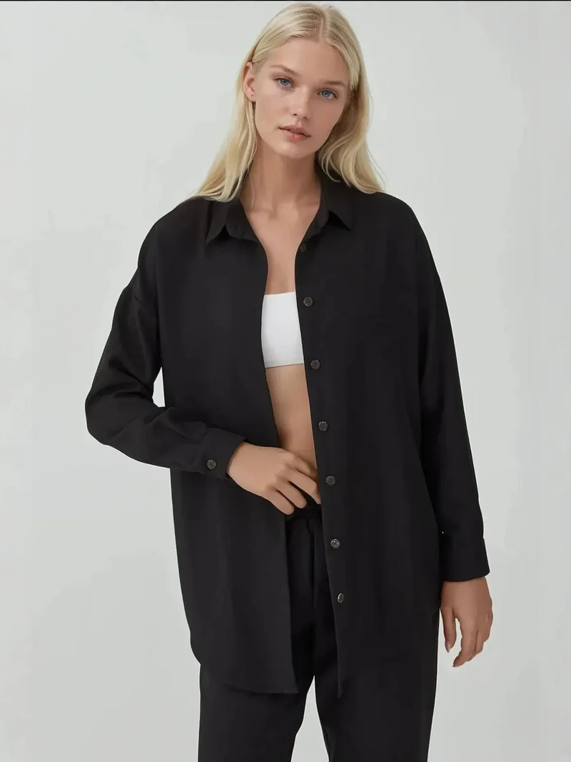 Big Dart Black BDART Linen Blend Long Sleeve Shirt and Pants Co-ord Set for Women | Best Price UAE