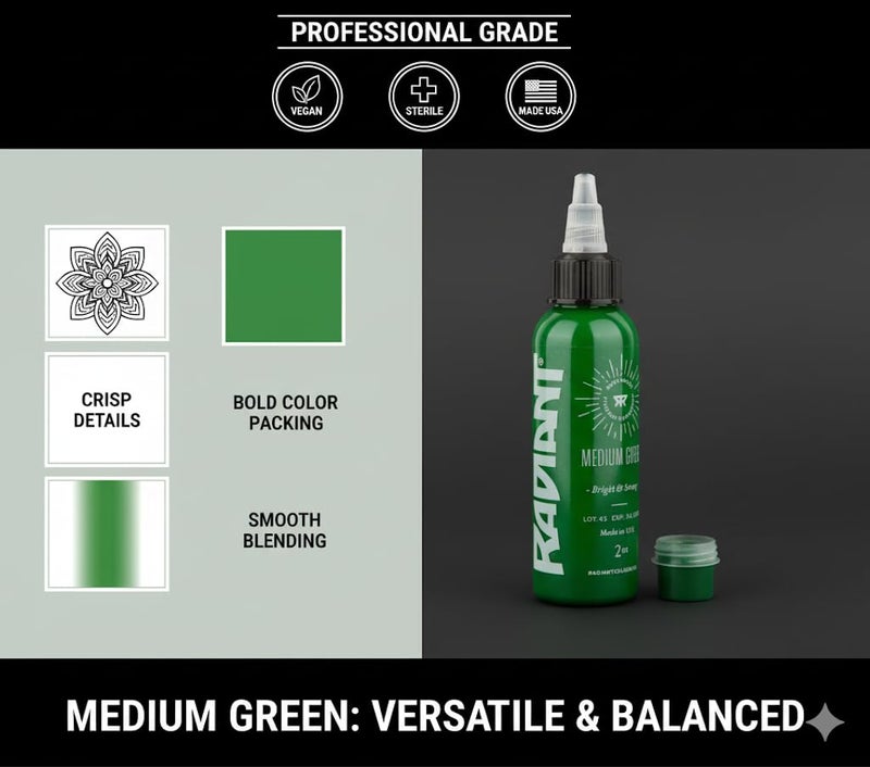 SHIELD PLUS Medium Green Tattoo Ink – 1/2oz (15ml) | Professional Tattoo Pigment for Outlining, Shading & Blending | Rich Green | Vegan, Acrylic-Free, Skin-Safe & Sterile - Image 2