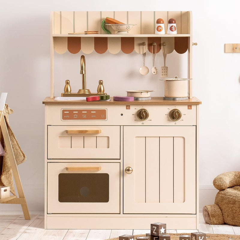 ROBOTIME Play Kitchen for Kids Toddlers, Wooden Pretend Play Kitchen Set Toy with Cutting Food Set, Toys Kitchen Gift for 3+ Year Old Kids, Girls & Boys - Image 1