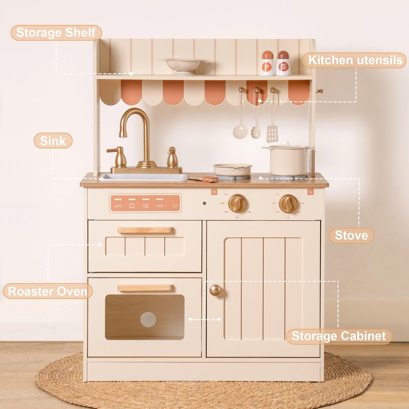 ROBOTIME Play Kitchen for Kids Toddlers, Wooden Pretend Play Kitchen Set Toy with Cutting Food Set, Toys Kitchen Gift for 3+ Year Old Kids, Girls & Boys - Image 4