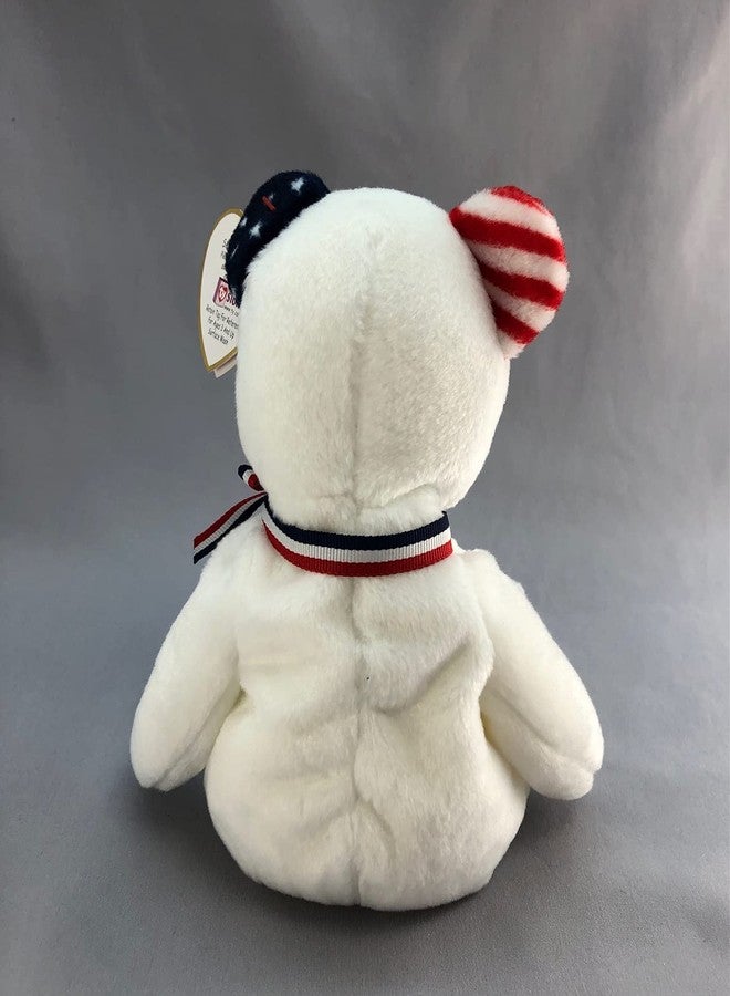 تي واي دمية دب أمريكا من مجموعة TY Beanie Babies - طولها 8.5 بوصة - لونها أبيض مع خط أحمر وأبيض على الأذن اليمنى ونجوم زرقاء وبيضاء على الأذن اليسرى - علم أمريكي على الصدر - Image 5