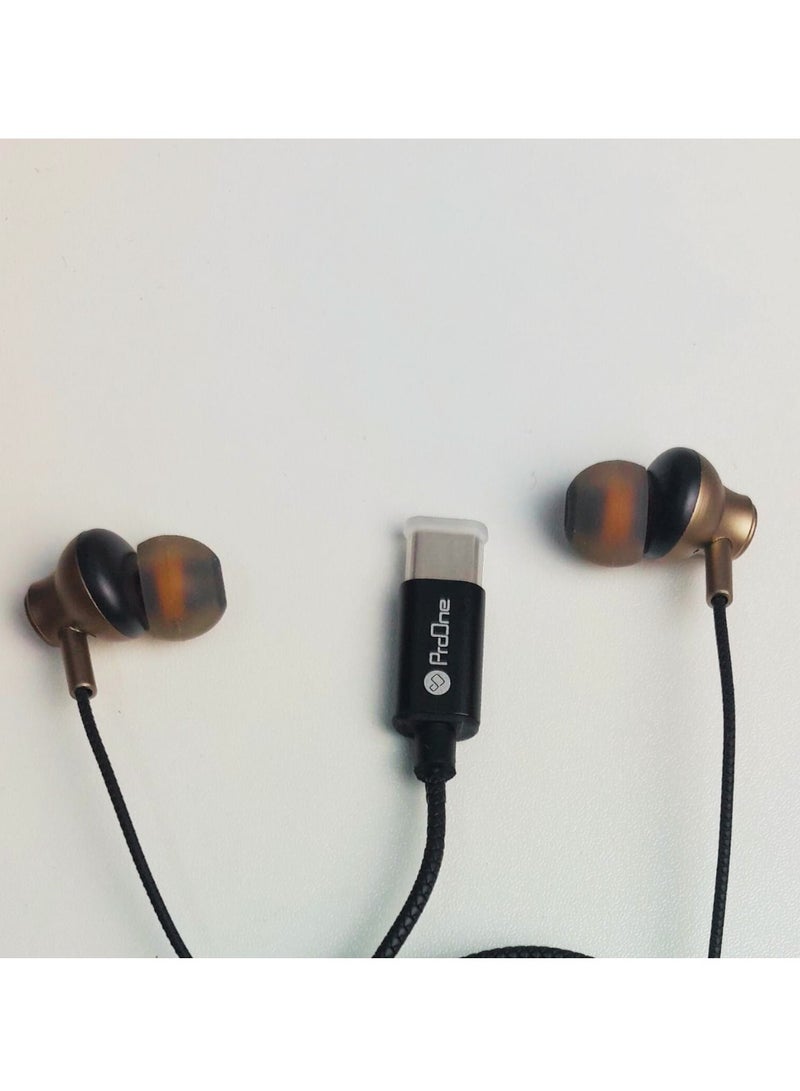 ProOne ProOne PHF3901 Extra Bass Earphones with Type-C Plug, Hi-Fi Sound, HD Calls & Gaming, 10mm Speakers, Comfortable Fit with 2 Pairs of Silicone Earbuds, Brown  - Image 2