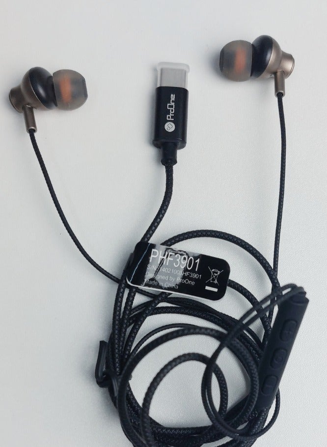 ProOne ProOne PHF3901 Extra Bass Earphones with Type-C Plug, Hi-Fi Sound, HD Calls & Gaming, 10mm Speakers, Comfortable Fit with 2 Pairs of Silicone Earbuds, Brown  - Image 1