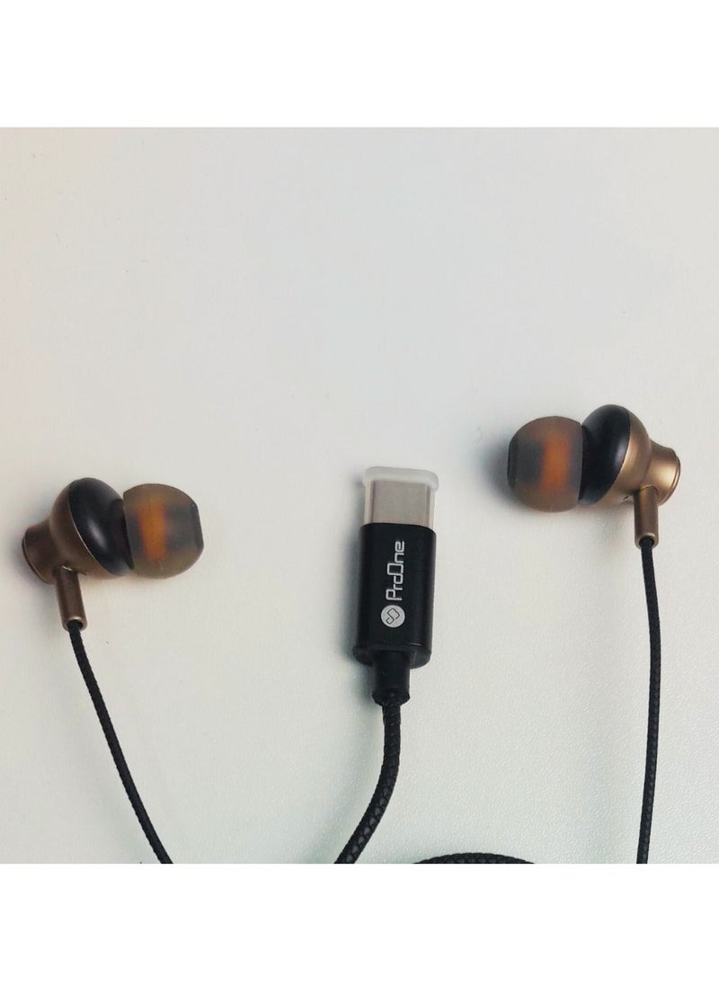 ProOne - ProOne PHF3901 Extra Bass Earphones with Type-C Plug, Hi-Fi Sound, HD Calls & Gaming, 10mm Speakers, Comfortable Fit with 2 Pairs of Silicone Earbuds, Brown - Image 1