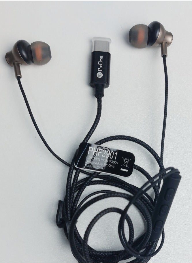 ProOne - ProOne PHF3901 Extra Bass Earphones with Type-C Plug, Hi-Fi Sound, HD Calls & Gaming, 10mm Speakers, Comfortable Fit with 2 Pairs of Silicone Earbuds, Brown - Image 1