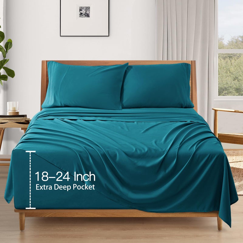 SiinvdaBZX Extra Deep Pocket Queen Sheets Set - Fits Mattress Up to 24 Inches Thick - 4 Piece Teal Deep Pocket Sheets for Air Mattress - Soft 1800 Thread Count Fitted Sheet with Side Pocket - Image 2