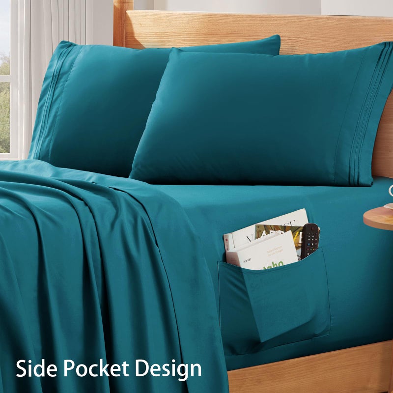 SiinvdaBZX Extra Deep Pocket Queen Sheets Set - Fits Mattress Up to 24 Inches Thick - 4 Piece Teal Deep Pocket Sheets for Air Mattress - Soft 1800 Thread Count Fitted Sheet with Side Pocket - Image 3