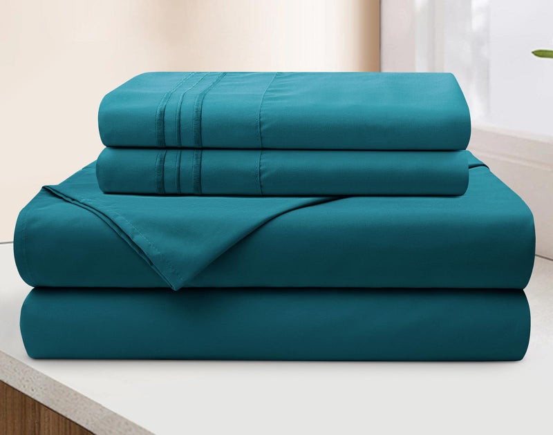 SiinvdaBZX Extra Deep Pocket Queen Sheets Set - Fits Mattress Up to 24 Inches Thick - 4 Piece Teal Deep Pocket Sheets for Air Mattress - Soft 1800 Thread Count Fitted Sheet with Side Pocket - Image 4