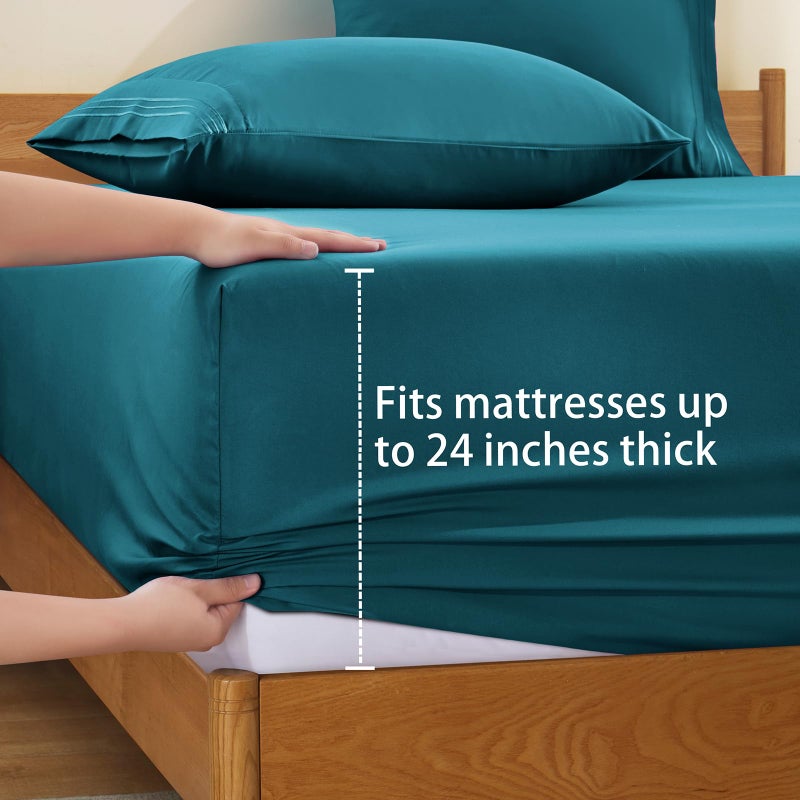SiinvdaBZX Extra Deep Pocket Queen Sheets Set - Fits Mattress Up to 24 Inches Thick - 4 Piece Teal Deep Pocket Sheets for Air Mattress - Soft 1800 Thread Count Fitted Sheet with Side Pocket - Image 5