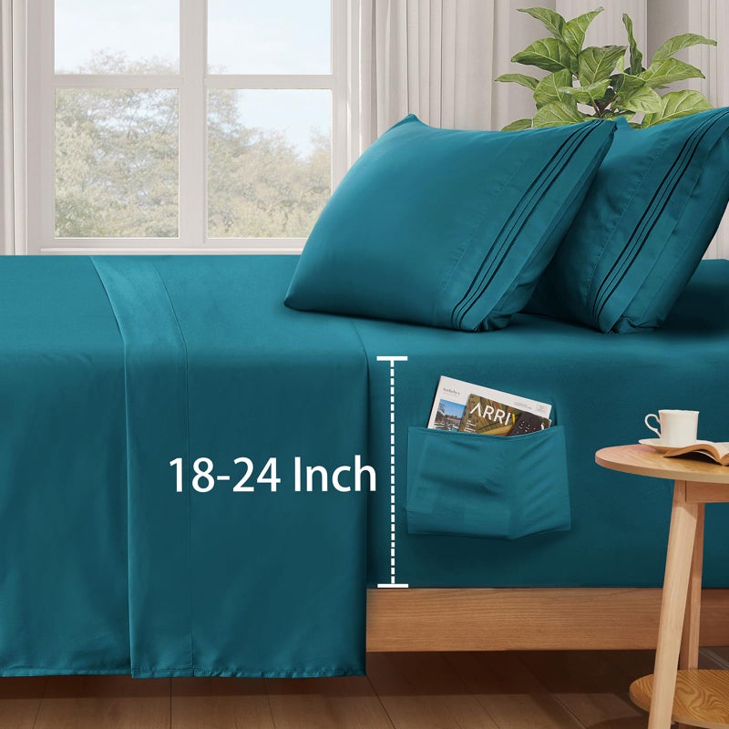 SiinvdaBZX Extra Deep Pocket Queen Sheets Set - Fits Mattress Up to 24 Inches Thick - 4 Piece Teal Deep Pocket Sheets for Air Mattress - Soft 1800 Thread Count Fitted Sheet with Side Pocket - Image 1