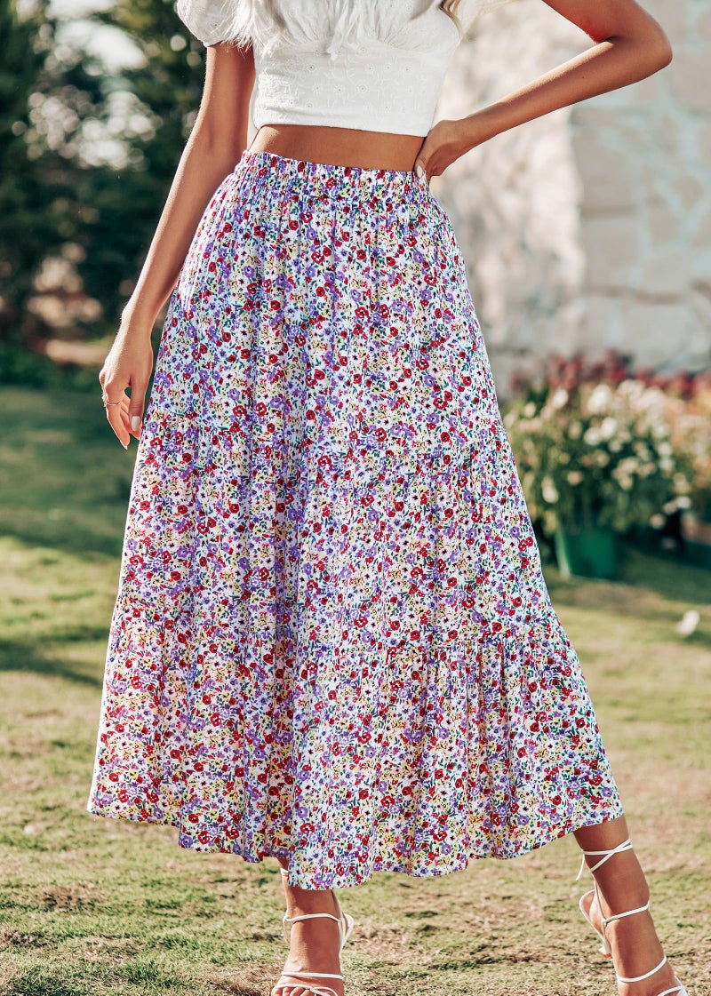 KIRUNDO Maxi Skirts for Women 2026 Summer Boho Floral High Waist Casual Flowy Long Skirt Beach Vacation Cruise Resort Wear(White Red, Large) - Image 3