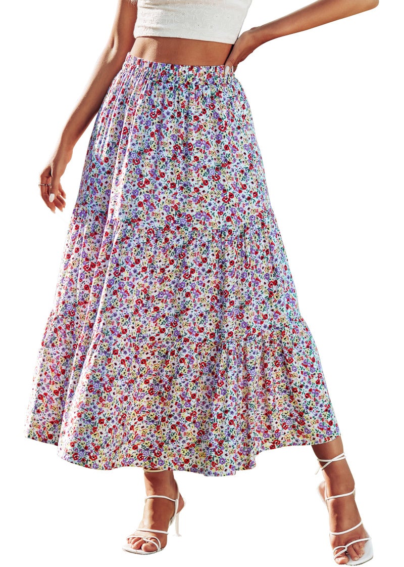 KIRUNDO Maxi Skirts for Women 2026 Summer Boho Floral High Waist Casual Flowy Long Skirt Beach Vacation Cruise Resort Wear(White Red, Large) - Image 1