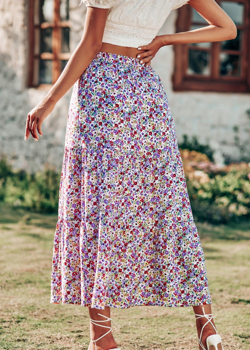 KIRUNDO Maxi Skirts for Women 2026 Summer Boho Floral High Waist Casual Flowy Long Skirt Beach Vacation Cruise Resort Wear(White Red, Large) - Image 5