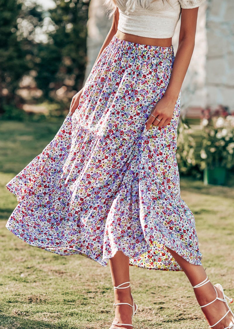 KIRUNDO Maxi Skirts for Women 2026 Summer Boho Floral High Waist Casual Flowy Long Skirt Beach Vacation Cruise Resort Wear(White Red, Large) - Image 4