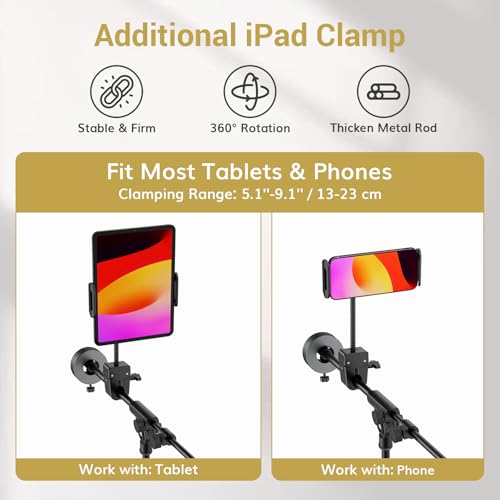 TONOR Microphone Stand with Tablet Holder, Tripod Boom Arm for Floor, Adjustable Height and Angle, Stand with Carrying Bag, Pad Clamp, Max 190 cm/74.8inch, High Compatibility, Cup Tray, T35+ - Image 5