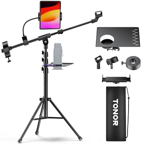 TONOR Microphone Stand with Tablet Holder, Tripod Boom Arm for Floor, Adjustable Height and Angle, Stand with Carrying Bag, Pad Clamp, Max 190 cm/74.8inch, High Compatibility, Cup Tray, T35+ - Image 1