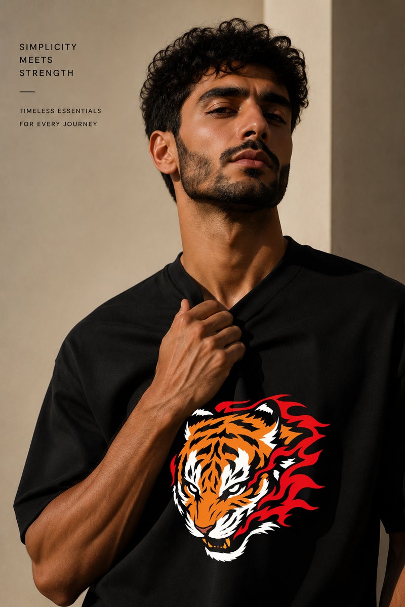 Men's Oversized Black Tiger Graphic T-Shirt Casual Short Sleeve Crew Neck Streetwear Tee - Image 5