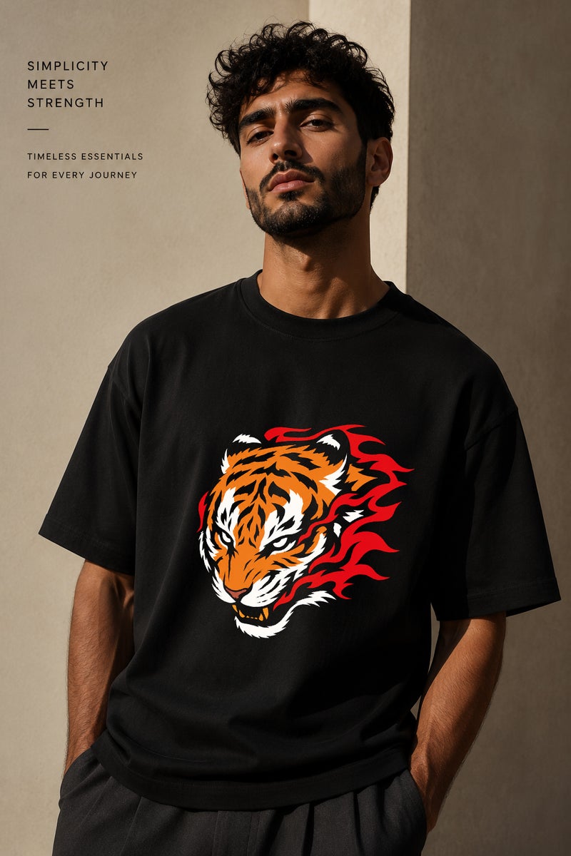 Men's Oversized Black Tiger Graphic T-Shirt Casual Short Sleeve Crew Neck Streetwear Tee - Image 1