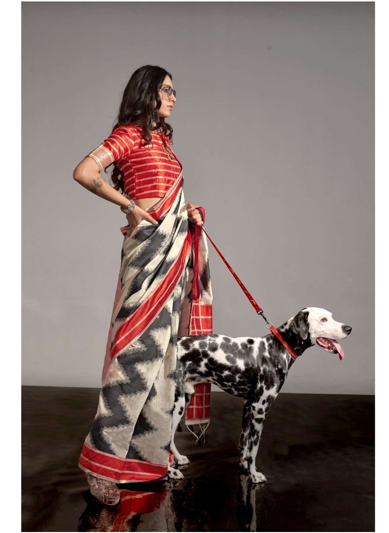 Grab Mantra - Traditional Cotton Saree Having White And Black Zig Zag Style Stripes With Red Silk Border Plus Contrast Unstitched Blouse - Image 1